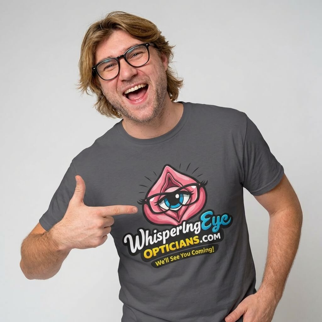 A smiling man with glasses points to his Whispering Eye Opticians Logo Tee (We'll See You Coming!), which features a colorful eye-inside-lips graphic and bold text.