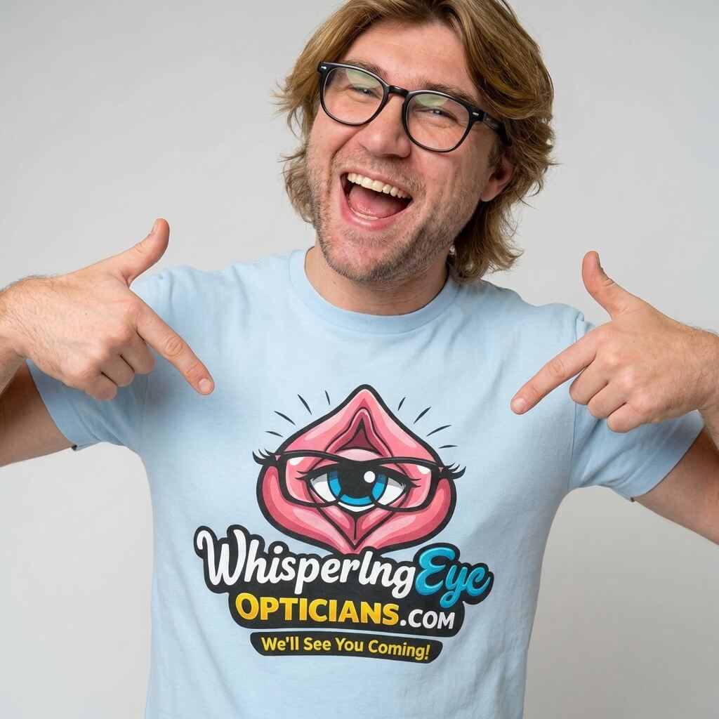 A smiling person in glasses points at their light blue Whispering Eye Opticians Logo Tee (We'll See You Coming!), featuring a cartoon eye in pink lips—an ideal cheeky stag do t-shirt.