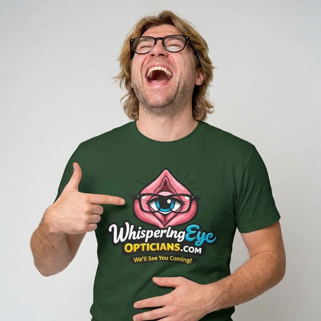 A man with long blond hair and glasses laughs while pointing at his Whispering Eye Opticians Logo Tee (We'll See You Coming!).
