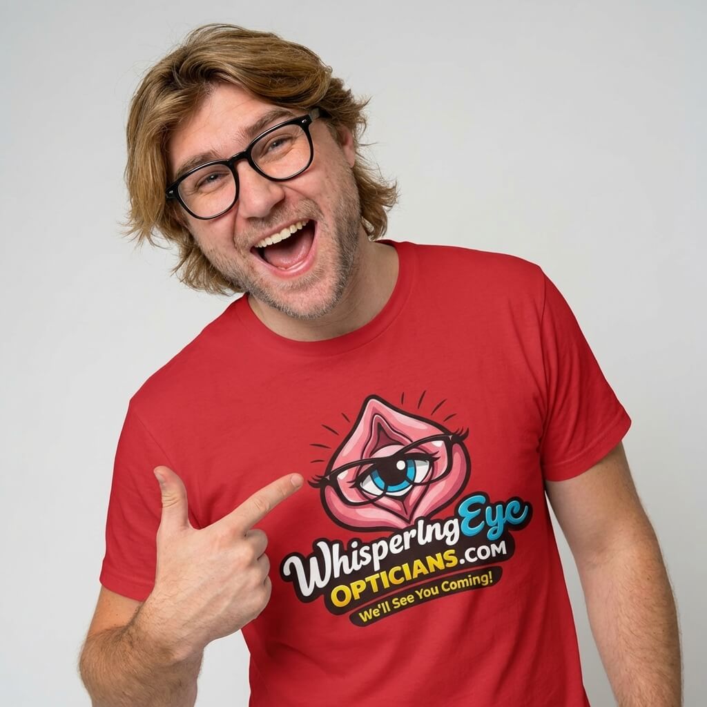 A smiling man with glasses points to his red Whispering Eye Opticians Logo Tee (We'll See You Coming!)—a bold stag do t-shirt featuring an eye inside lips and cheeky text on the front.