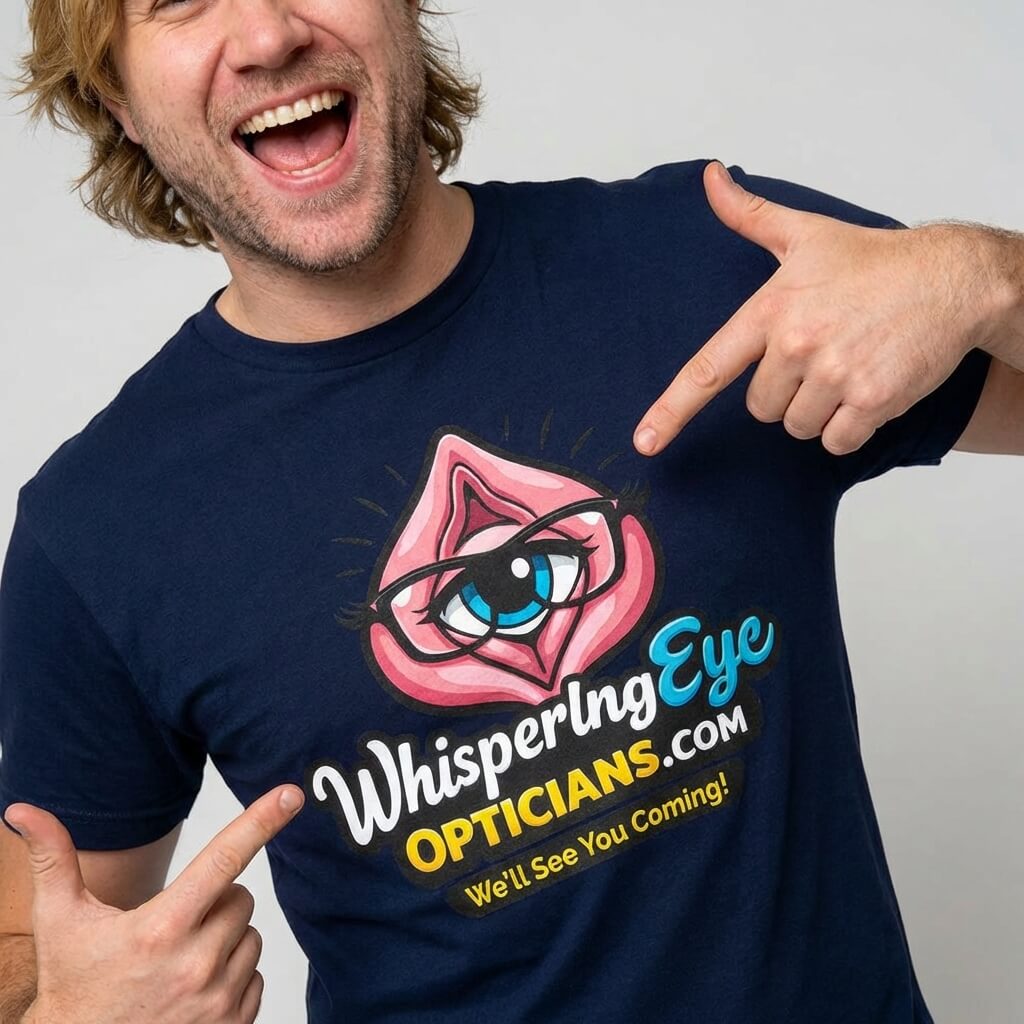 A smiling man points at his navy blue Whispering Eye Opticians Logo Tee (We'll See You Coming!), which features an eye graphic in a pink shape—a perfect cheeky, rude t-shirt for stag dos with a playful wink.