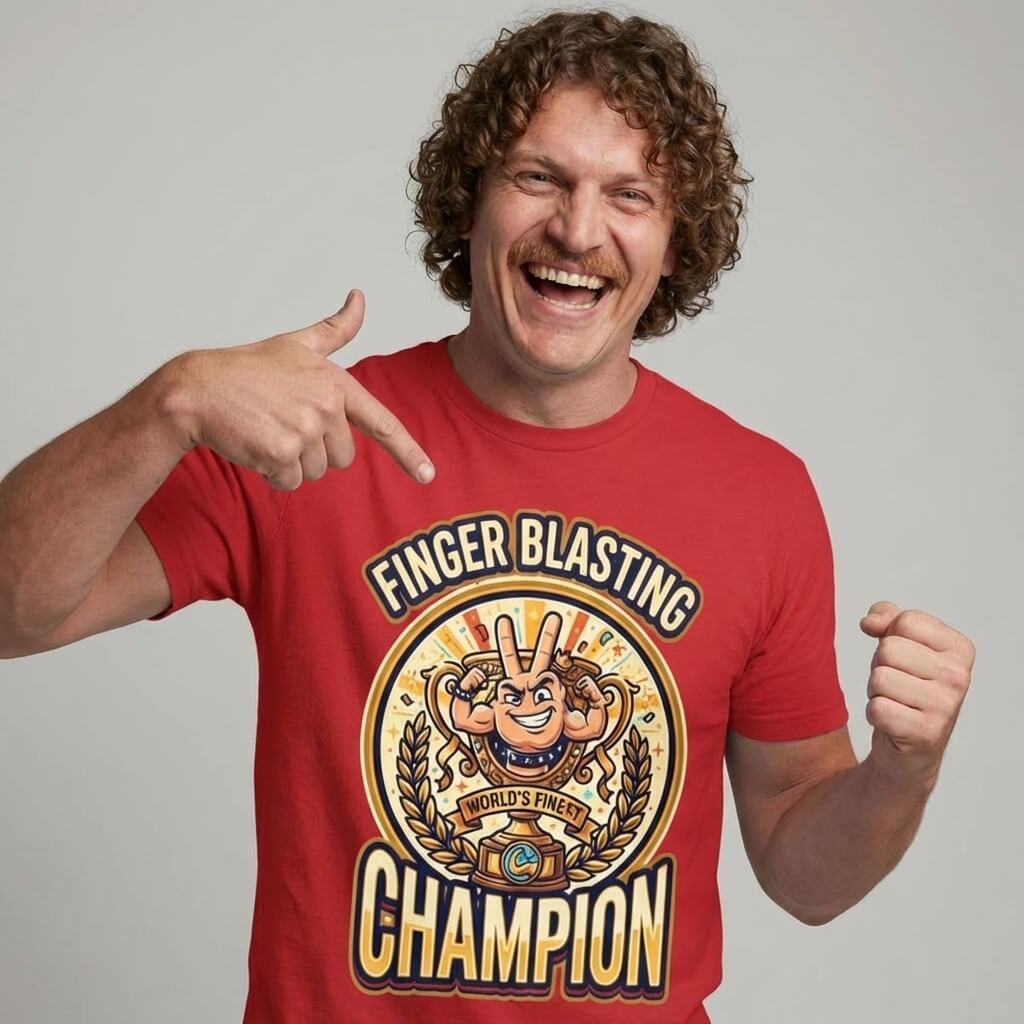 A man with curly hair and a mustache smiles, pointing at his Finger Blasting Champion Stag Do Tee—a funny graphic shirt with a cartoon hand and laurel leaves that’s perfect for stag nights or anyone who enjoys playful humor.