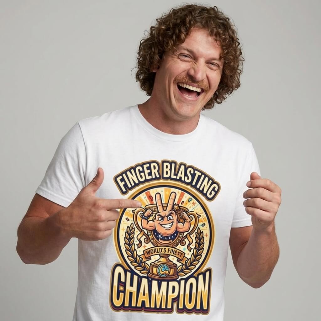 A curly-haired man with a mustache smiles and points at his Finger Blasting Champion Stag Do Tee, featuring cartoon art and laurel graphics on the front.