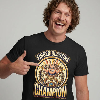 A smiling man with curly hair and a mustache points to his “Finger Blasting Champion Stag Do Tee,” featuring a cartoon hand graphic and bold “Finger Blasting Champion World’s Finest” text.
