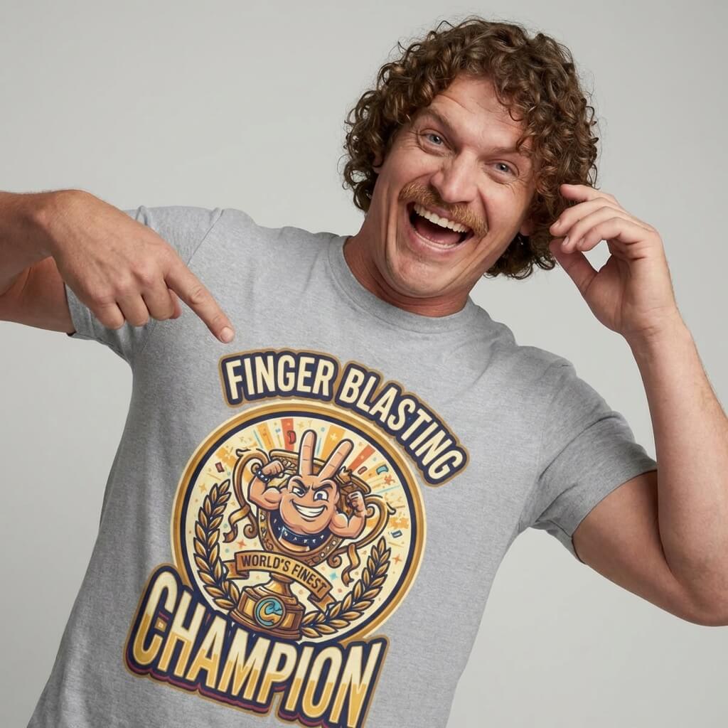 A smiling man with curly hair and a mustache points to his Finger Blasting Champion Stag Do Tee—a funny graphic t-shirt with a cartoon hand and playful text, perfect for a hilarious stag do.