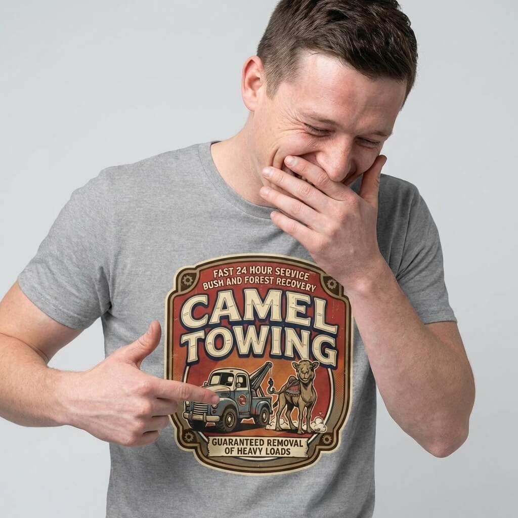 A man in a gray t-shirt laughs while pointing at his Camel Towing Funny Tee, which features a camel, a tow truck, and the phrase "Guaranteed removal of heavy loads.