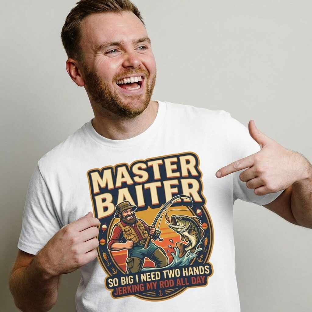 A bearded man points at his white Master Baiter Rude Fishing Tee, featuring a vibrant graphic of a fisherman and the playful text: MASTER BAITER - SO BIG I NEED TWO HANDS JERKING MY ROD ALL DAY.
