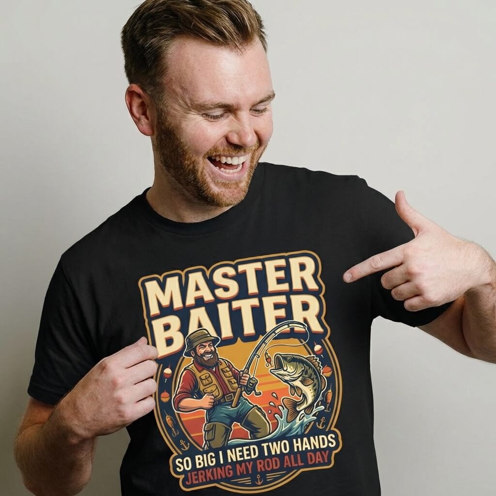 A smiling man points at his Master Baiter Rude Fishing Tee, featuring a cartoon fisherman and the cheeky text: So Big I Need Two Hands—perfect as a funny fishing gift or humorous fishing t-shirt.