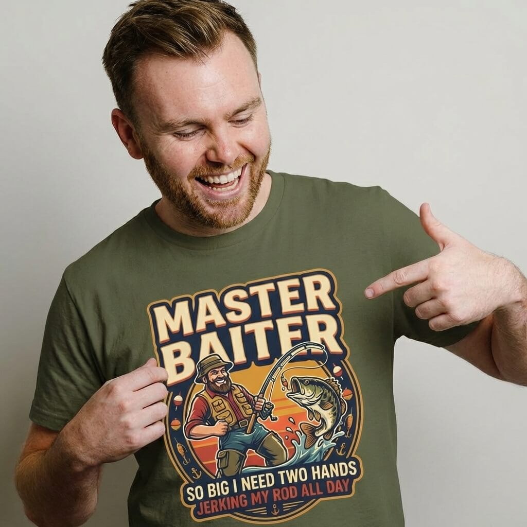 A smiling man points at his green Master Baiter Rude Fishing Tee, featuring a fishing cartoon and the phrase: MASTER BAITER - So big I need two hands jerking my rod all day. This funny t-shirt is a great rude fishing gift.