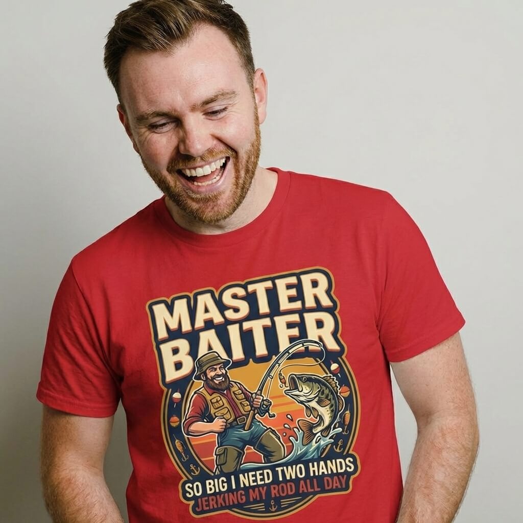 A smiling man wears the Master Baiter Rude Fishing Tee, which features a cartoon fisherman and big fish with the funny slogan, "So big I need two hands jerking my rod all day"—perfect for outdoor humor lovers.