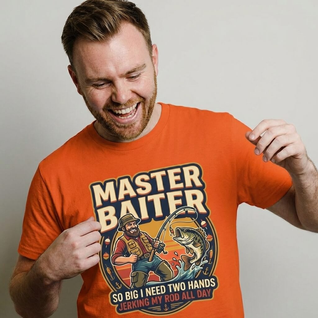 A smiling man wears the Master Baiter Rude Fishing Tee, an orange shirt with a cartoon fisherman and the phrase "So big I need two hands jerking my rod all day"—a funny fishing gift for anglers with a sense of humor.