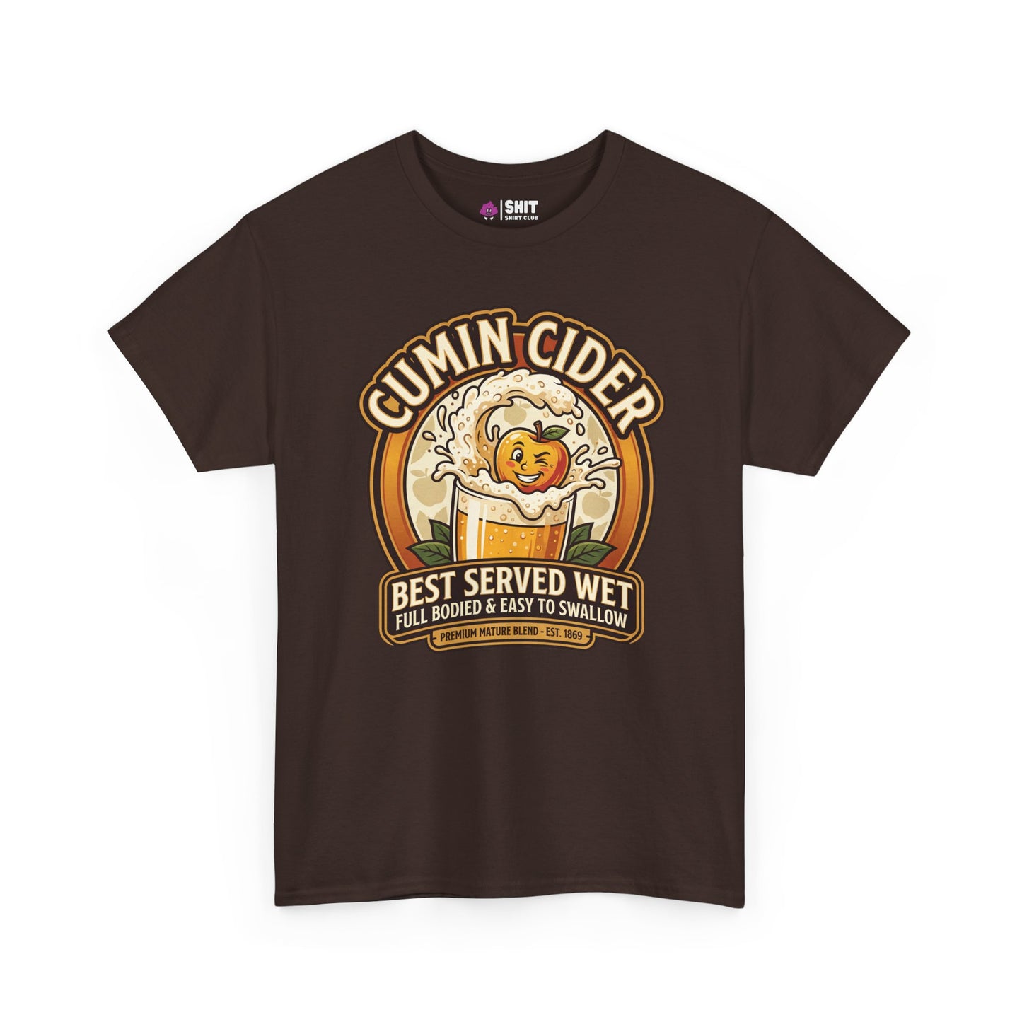 The Cumin Cider Stag Do Tee is a dark brown shirt with a cartoon apple splashing in cider, "Cumin Cider" text above, and "Best Served Wet—Full Bodied & Easy To Swallow" below—perfect for stag dos.