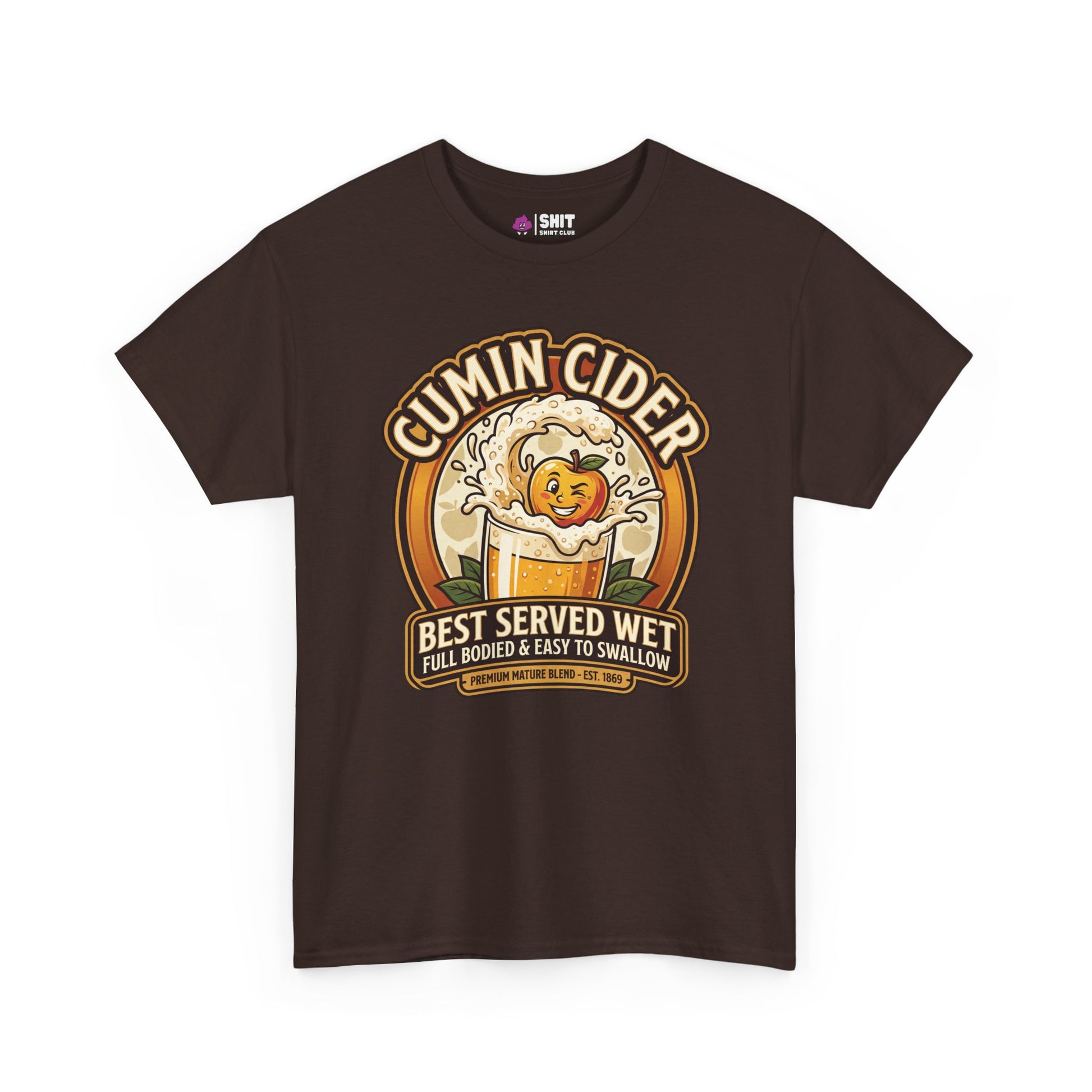 The Cumin Cider Stag Do Tee is a dark brown shirt with a cartoon apple splashing in cider, "Cumin Cider" text above, and "Best Served Wet—Full Bodied & Easy To Swallow" below—perfect for stag dos.