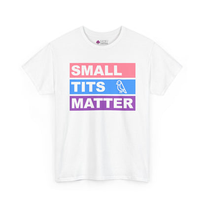The "Small Tits Matter" Tee is a white shirt with bold pink, blue (with bird), and purple text blocks—perfect as a cheeky hen do shirt for your next hen party!.