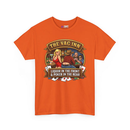 The Vag Inn Stag Do Tee is an orange unisex party shirt with a cartoon bar scene and the text: THE VAG INN. LIQUOR IN THE FRONT & POKER IN THE REAR—perfect for pub crawls or stag parties.