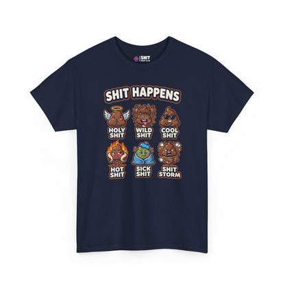 The Shit Happens Stag Do Tee is a navy blue shirt with cartoon poop characters and SHIT HAPPENS text above six funny labeled drawings—Holy Shit, Wild Shit, Cool Shit, Hot Shit, Sick Shit, and Shit Storm—perfect for a stag party.