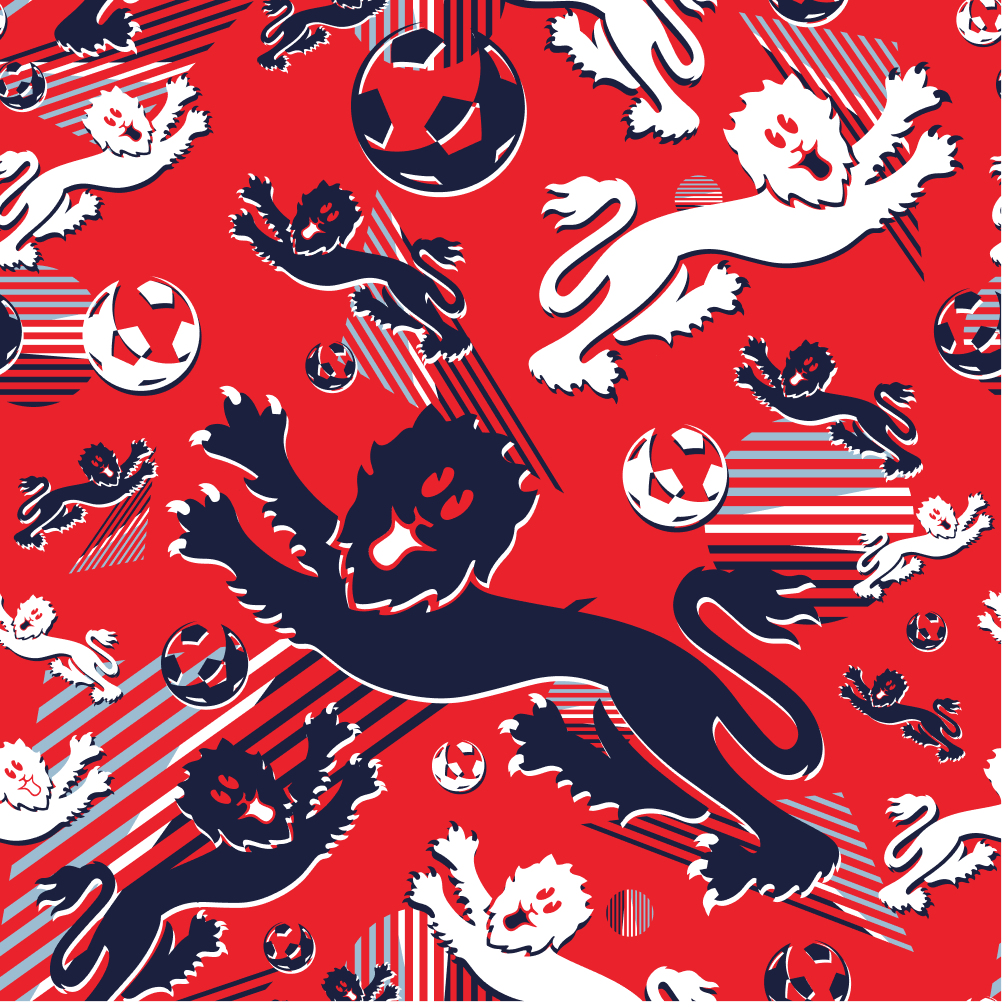 A seamless pattern inspired by the Red England FC Away Bucket Hat, featuring stylized lions and soccer balls in dark blue, white, and red on a bright red background with dynamic lines for movement.