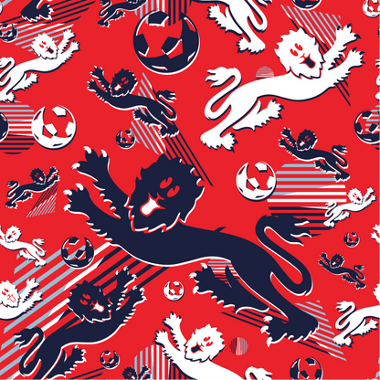 A seamless pattern inspired by the Red England FC Away Bucket Hat, featuring stylized lions and soccer balls in dark blue, white, and red on a bright red background with dynamic lines for movement.