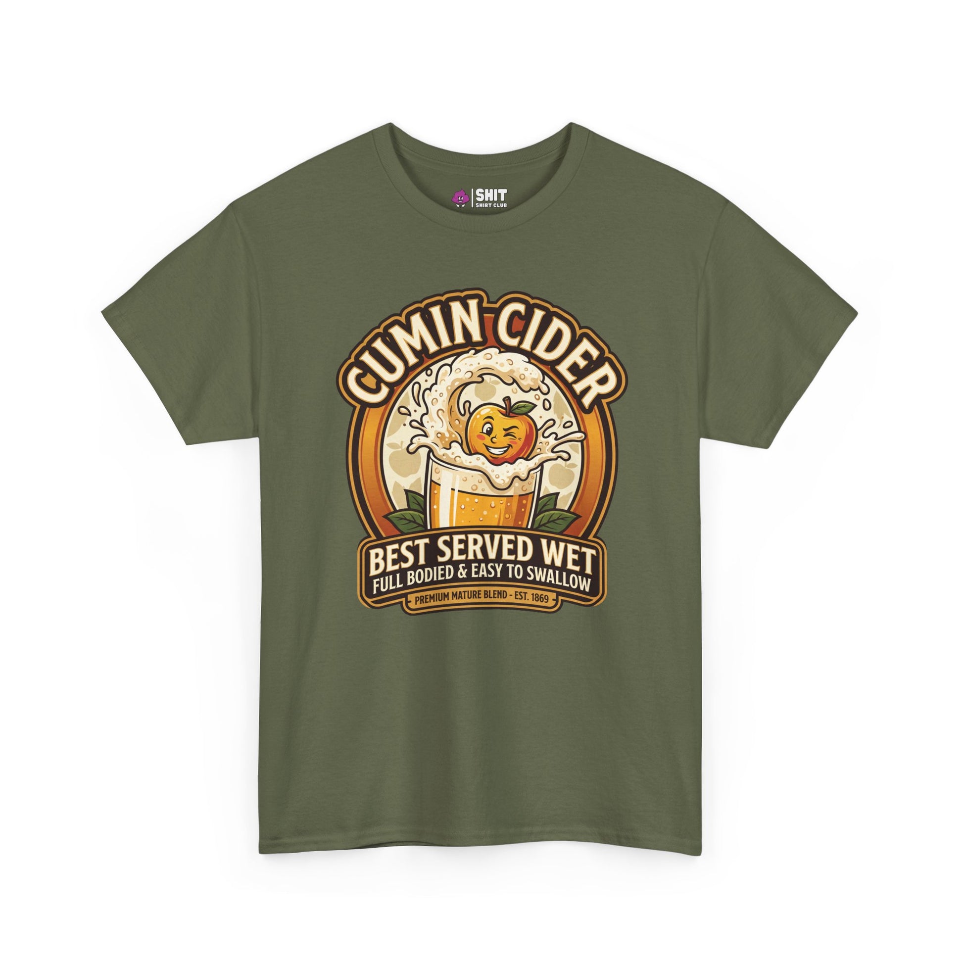 The Cumin Cider Stag Do Tee features an olive green graphic of a happy apple in cider with the text: Best served wet, full bodied & easy to swallow. Perfect funny stag do shirt in a premium natural blend. Est. 1869.