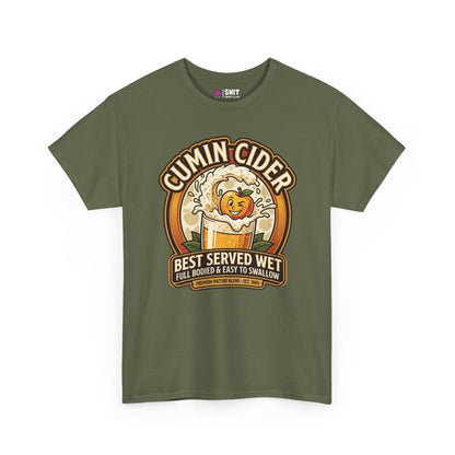The Cumin Cider Stag Do Tee features an olive green graphic of a happy apple in cider with the text: Best served wet, full bodied & easy to swallow. Perfect funny stag do shirt in a premium natural blend. Est. 1869.