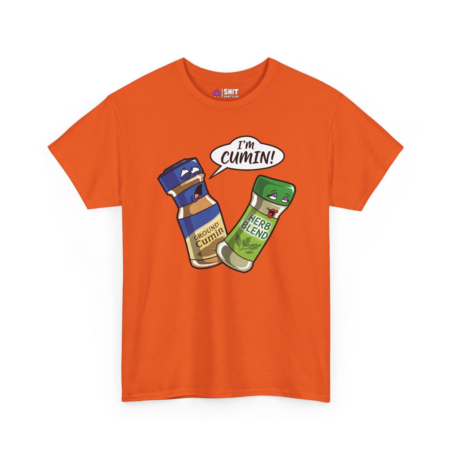 The "I’m Cumin!" Stag Do Tee is an orange shirt with cartoon spice jars—Ground Cumin shouting “I’m Cumin!” at a startled Herb Blend. A hilarious novelty tee, perfect for stag dos and fans of funny shirts.