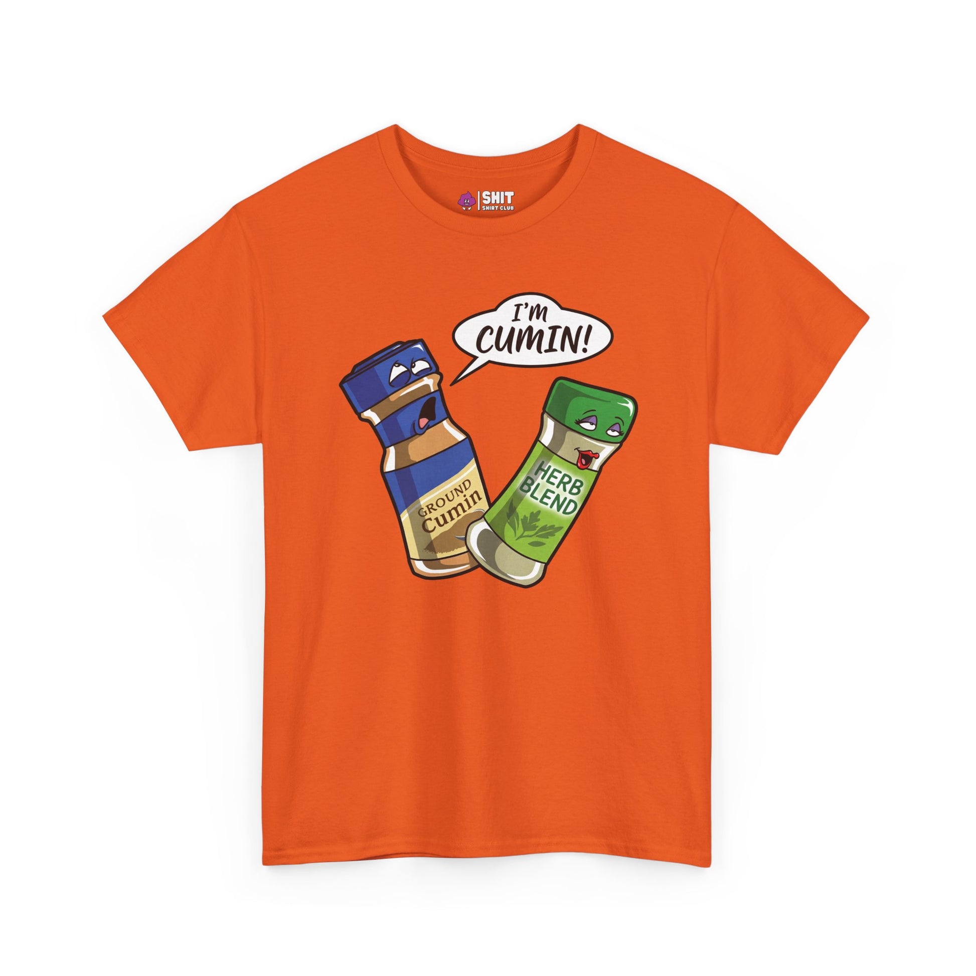 The "I’m Cumin!" Stag Do Tee is an orange shirt with cartoon spice jars—Ground Cumin shouting “I’m Cumin!” at a startled Herb Blend. A hilarious novelty tee, perfect for stag dos and fans of funny shirts.