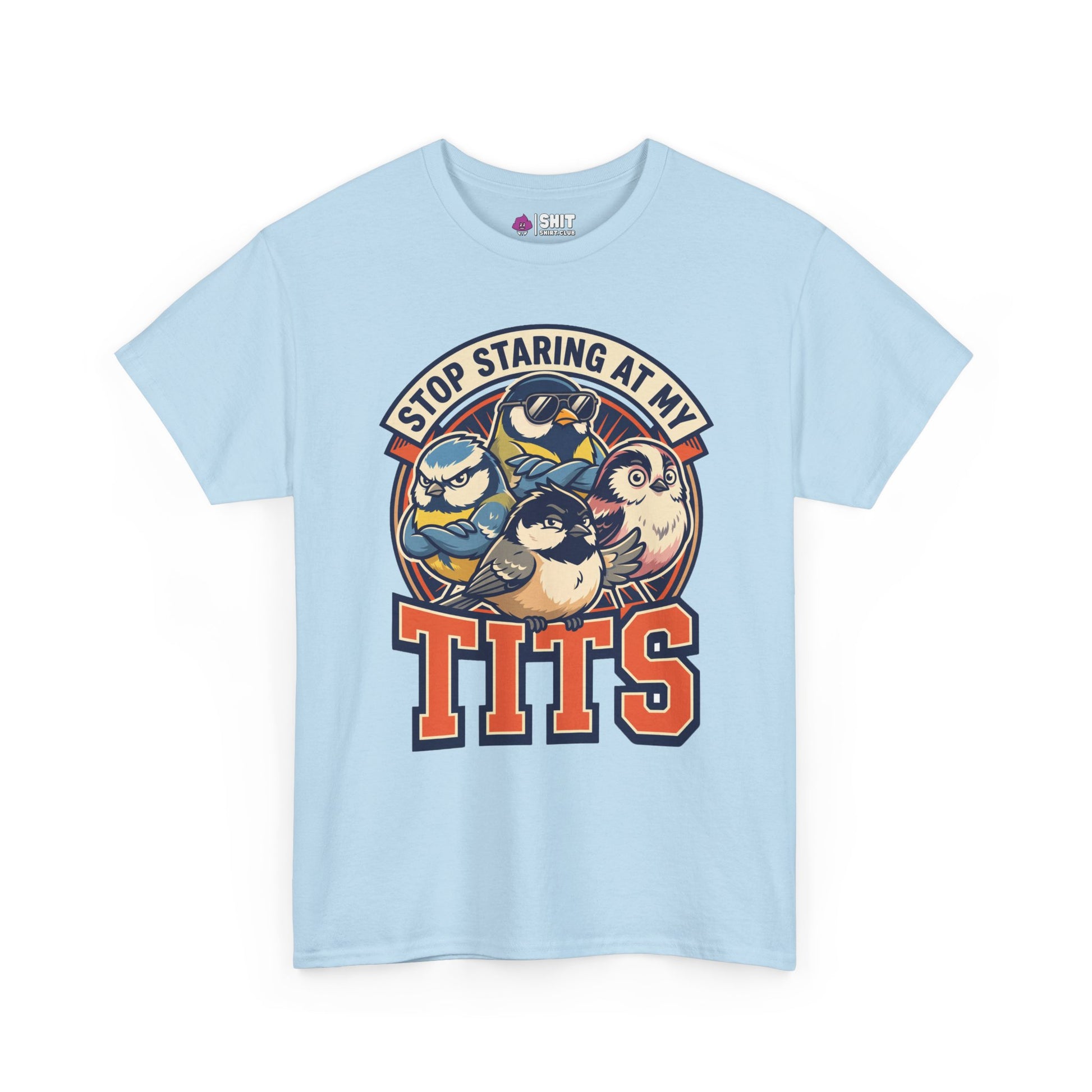 The “Stop Staring at My Tits” Stag Do Tee is a light blue shirt with cartoon birds and bold text—making it a fun, unique choice for stag dos or a lighthearted groom gift.