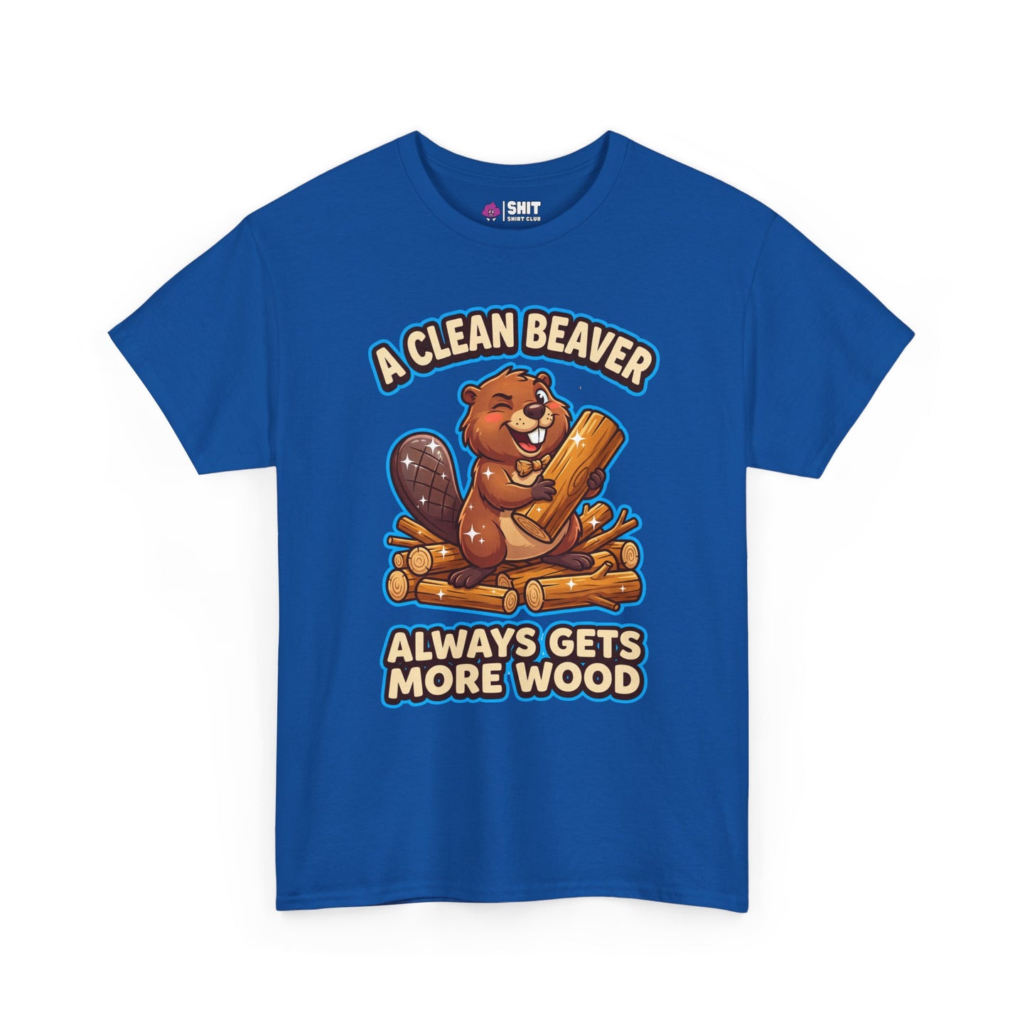 The "A Clean Beaver Always Gets More Wood" Stag Do Tee is a blue shirt with a cartoon beaver holding a log on wood and bold, playful text—perfect for adding humor and fun to any stag do!.