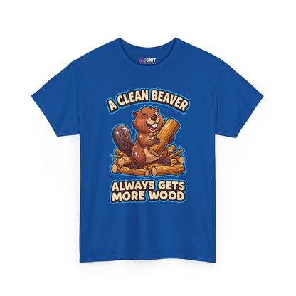 The "A Clean Beaver Always Gets More Wood" Stag Do Tee is a blue shirt with a cartoon beaver holding a log on wood and bold, playful text—perfect for adding humor and fun to any stag do!.