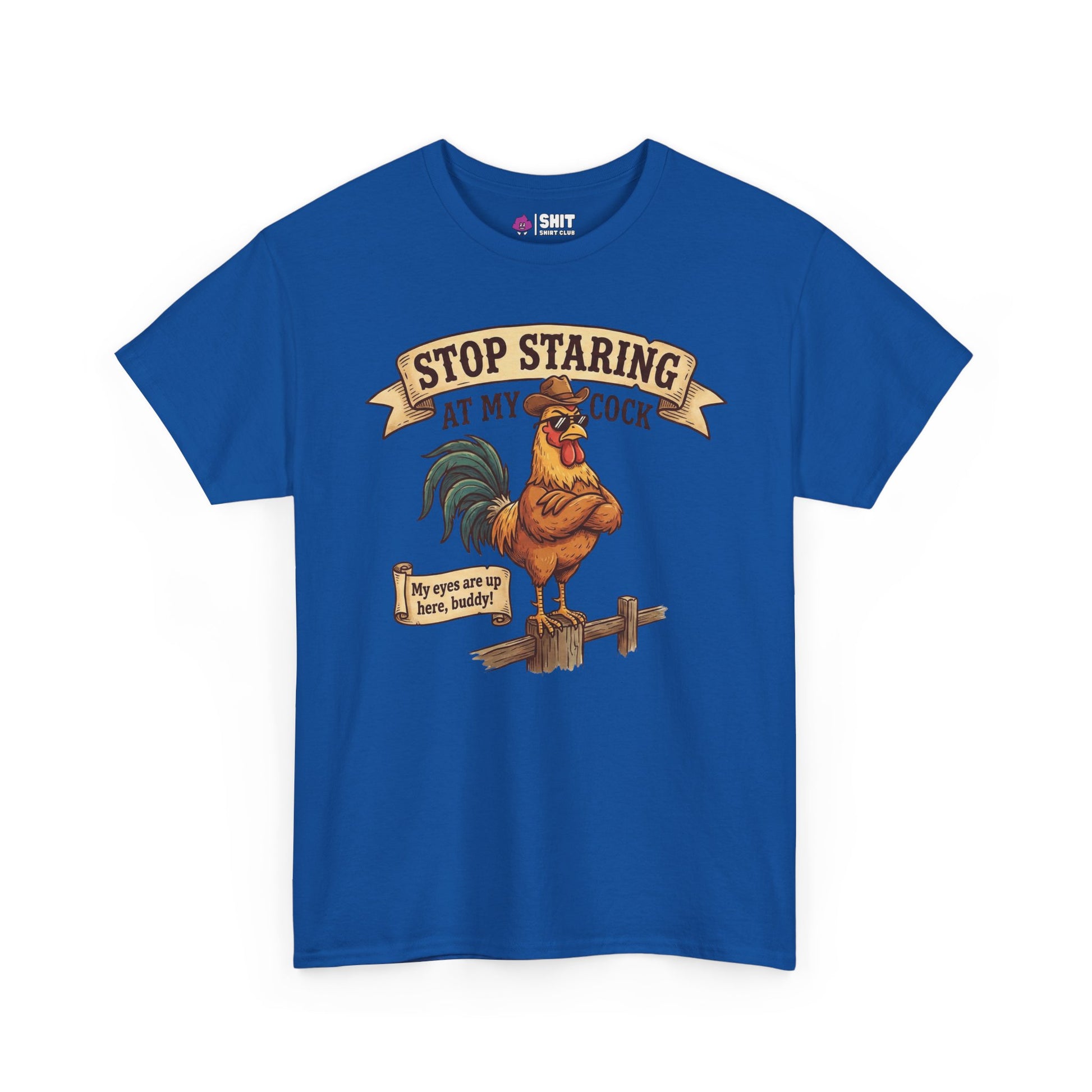 The Stop Staring at My Cock Stag Do Tee features a cartoon rooster on a fence with witty text, making it an ideal funny groom or stag party shirt for fans of lighthearted humor.