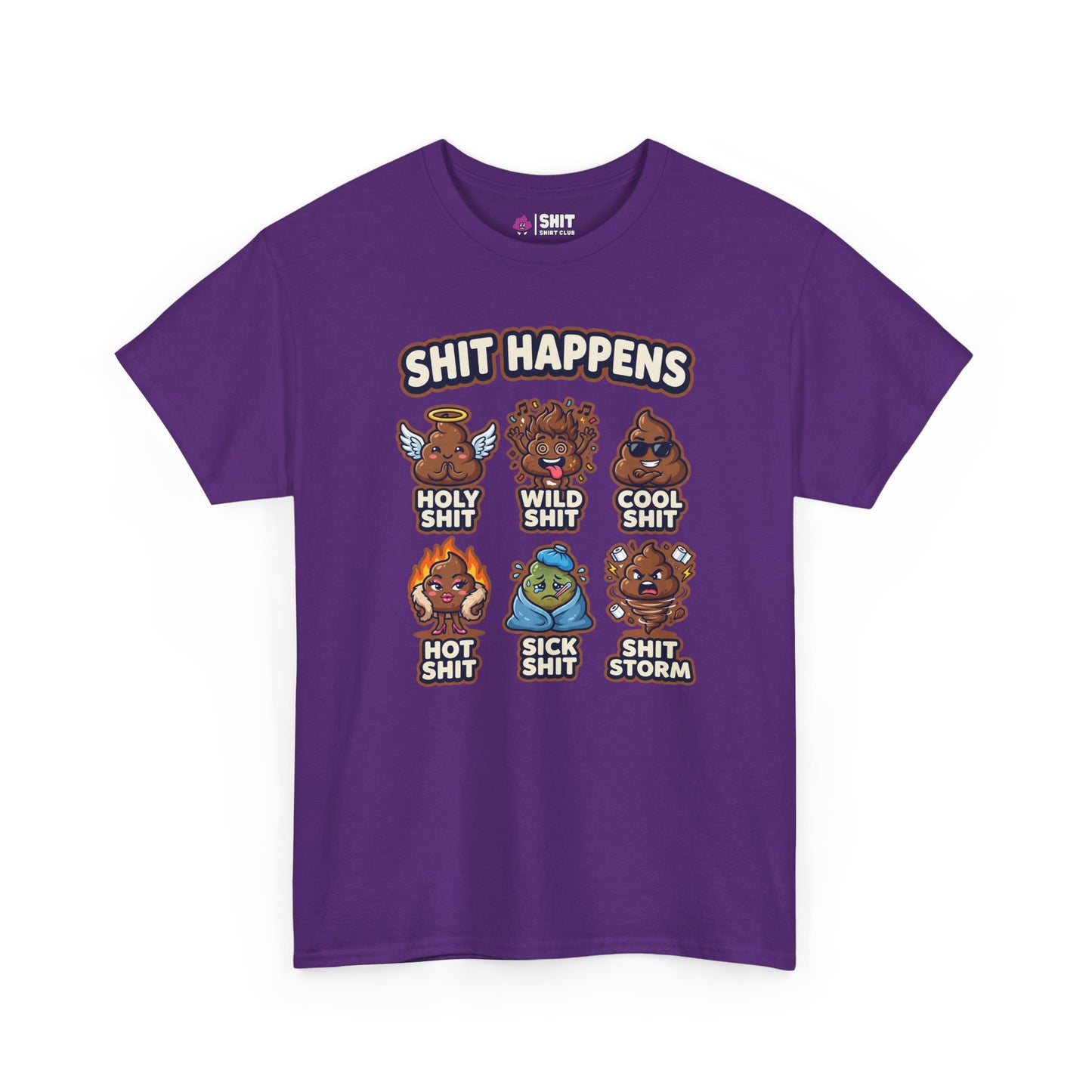 The Shit Happens Stag Do Tee is a purple t-shirt featuring cartoon poop characters with funny labels like "Holy Shit" and "Wild Shit," topped with the phrase “Shit Happens”—perfect for a hilarious stag weekend.