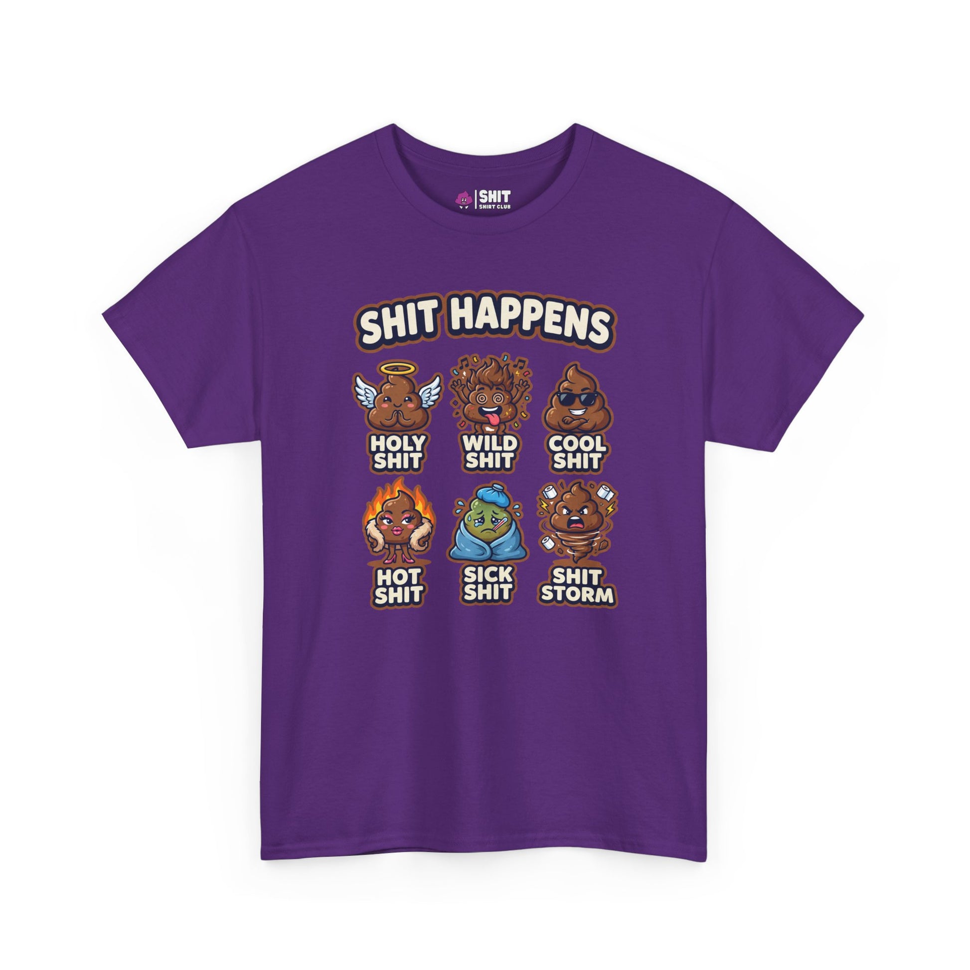 The Shit Happens Stag Do Tee is a purple t-shirt featuring cartoon poop characters with funny labels like "Holy Shit" and "Wild Shit," topped with the phrase “Shit Happens”—perfect for a hilarious stag weekend.