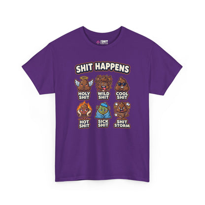 The Shit Happens Stag Do Tee is a purple t-shirt featuring cartoon poop characters with funny labels like "Holy Shit" and "Wild Shit," topped with the phrase “Shit Happens”—perfect for a hilarious stag weekend.