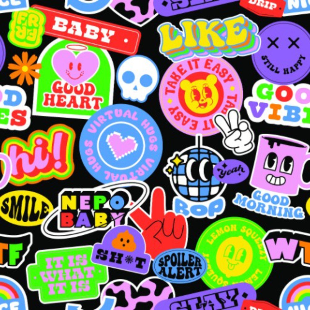 The Retro Sticker Bucket Hat features a colorful collage of vibrant stickers—like GOOD VIBES and NEPO BABY—plus fun shapes and cartoon faces on a black background, perfect for anyone who loves a nostalgic, retro vibe.
