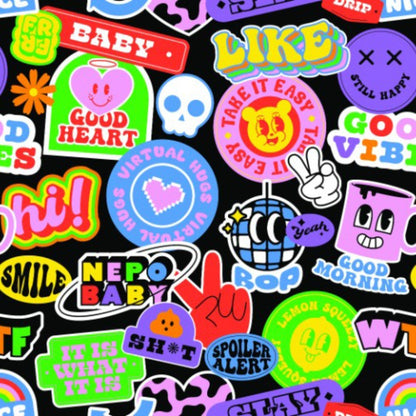 The Retro Sticker Bucket Hat features a colorful collage of vibrant stickers—like GOOD VIBES and NEPO BABY—plus fun shapes and cartoon faces on a black background, perfect for anyone who loves a nostalgic, retro vibe.