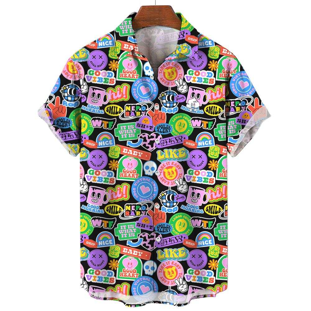 The Retro Sticker Shirt is a short-sleeve button-up featuring colorful, cartoon-style graphics and phrases like NERD, LIKE, LOL, GOOD HEART, and SMILE along with playful hearts and skulls—perfect for nostalgic style.