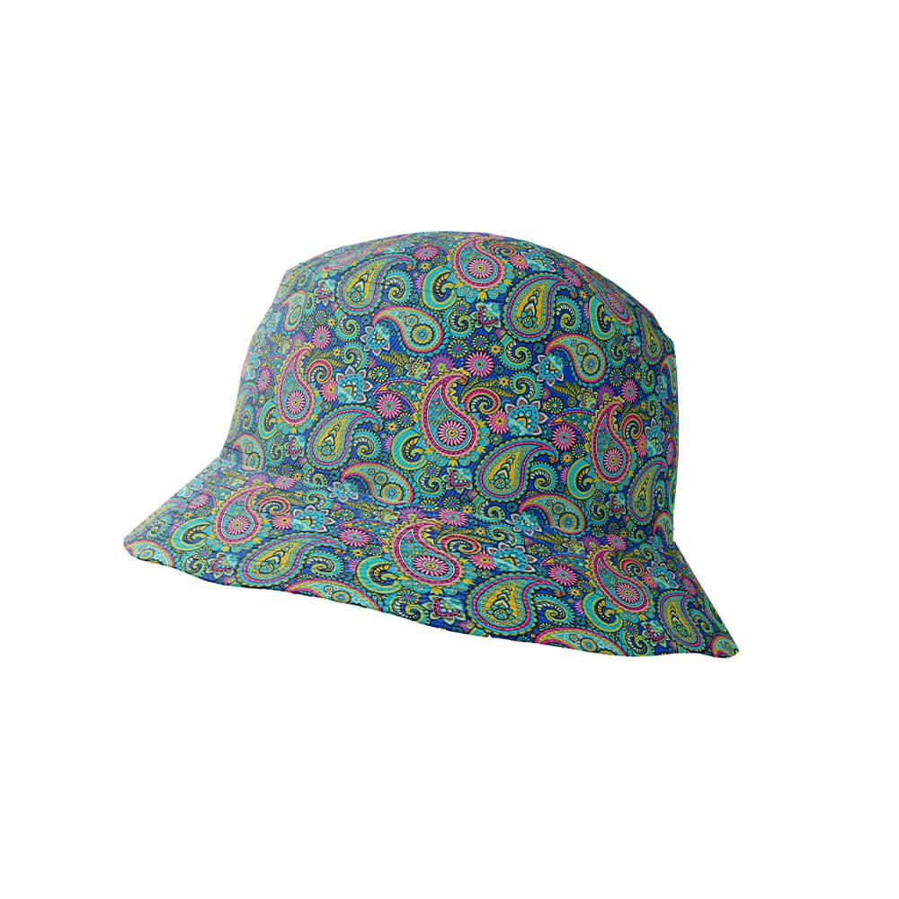 A green, blue, pink, and yellow paisley bucket hat on white—an ideal match for the Psychedelic Explorer Shirt.