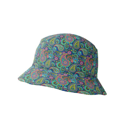 A green, blue, pink, and yellow paisley bucket hat on white—an ideal match for the Psychedelic Explorer Shirt.