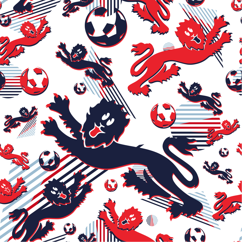The England Football Bucket Hat features a seamless pattern of red and navy lions in action poses with soccer balls, set on a white background for a sporty vibe—ideal for fans seeking energetic England football style.
