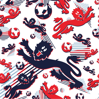 The England Football Bucket Hat features a seamless pattern of red and navy lions in action poses with soccer balls, set on a white background for a sporty vibe—ideal for fans seeking energetic England football style.