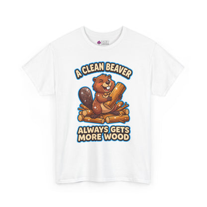 The "A Clean Beaver Always Gets More Wood" Stag Do Tee features a cartoon beaver with wood and the cheeky slogan—a bold, funny choice for any stag party.