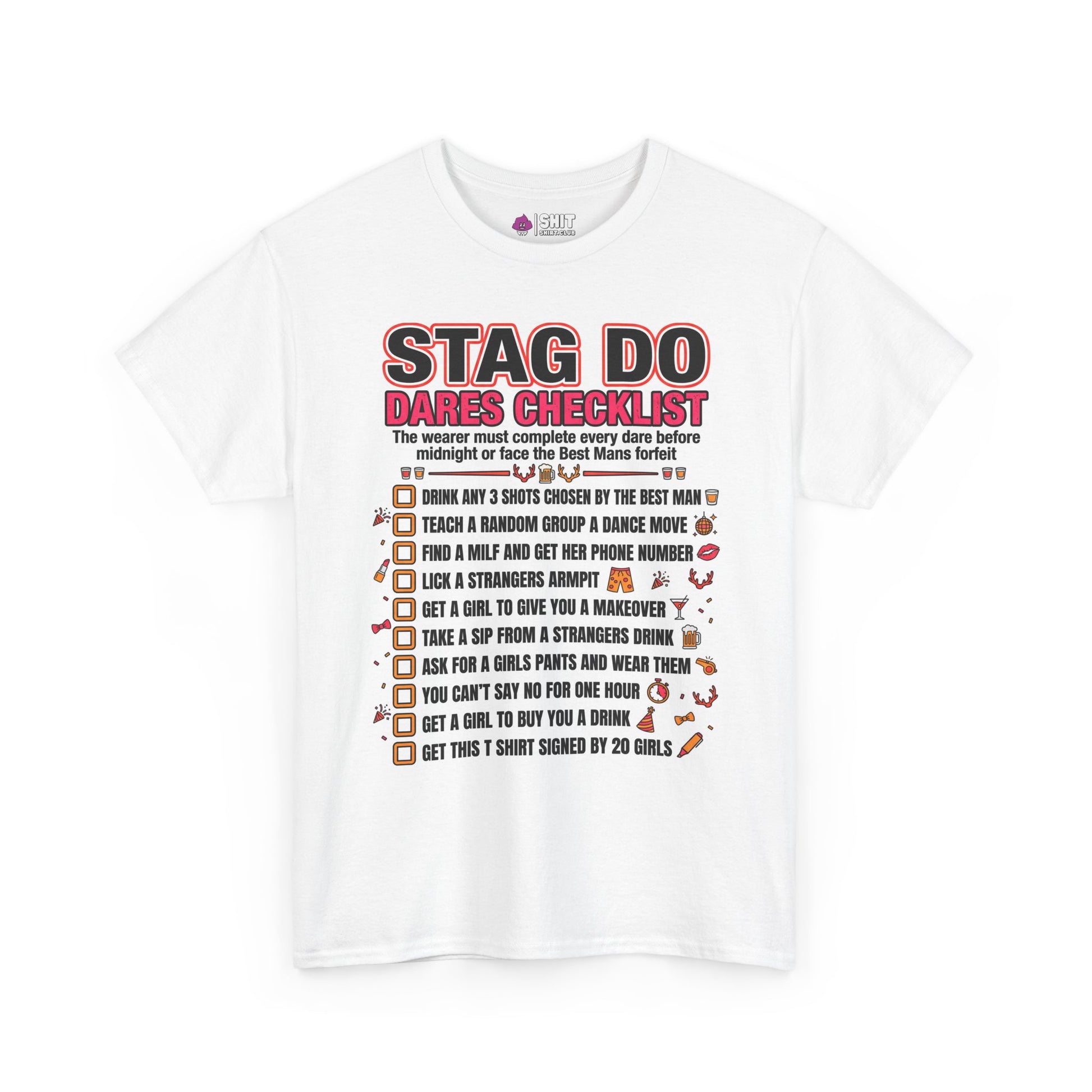 The Stag Do Checklist Tee is a white t-shirt with a bold red and black checklist featuring illustrated dares like doing a shot, finding a bra, and getting signatures—ideal as a funny stag party shirt for your big night out.