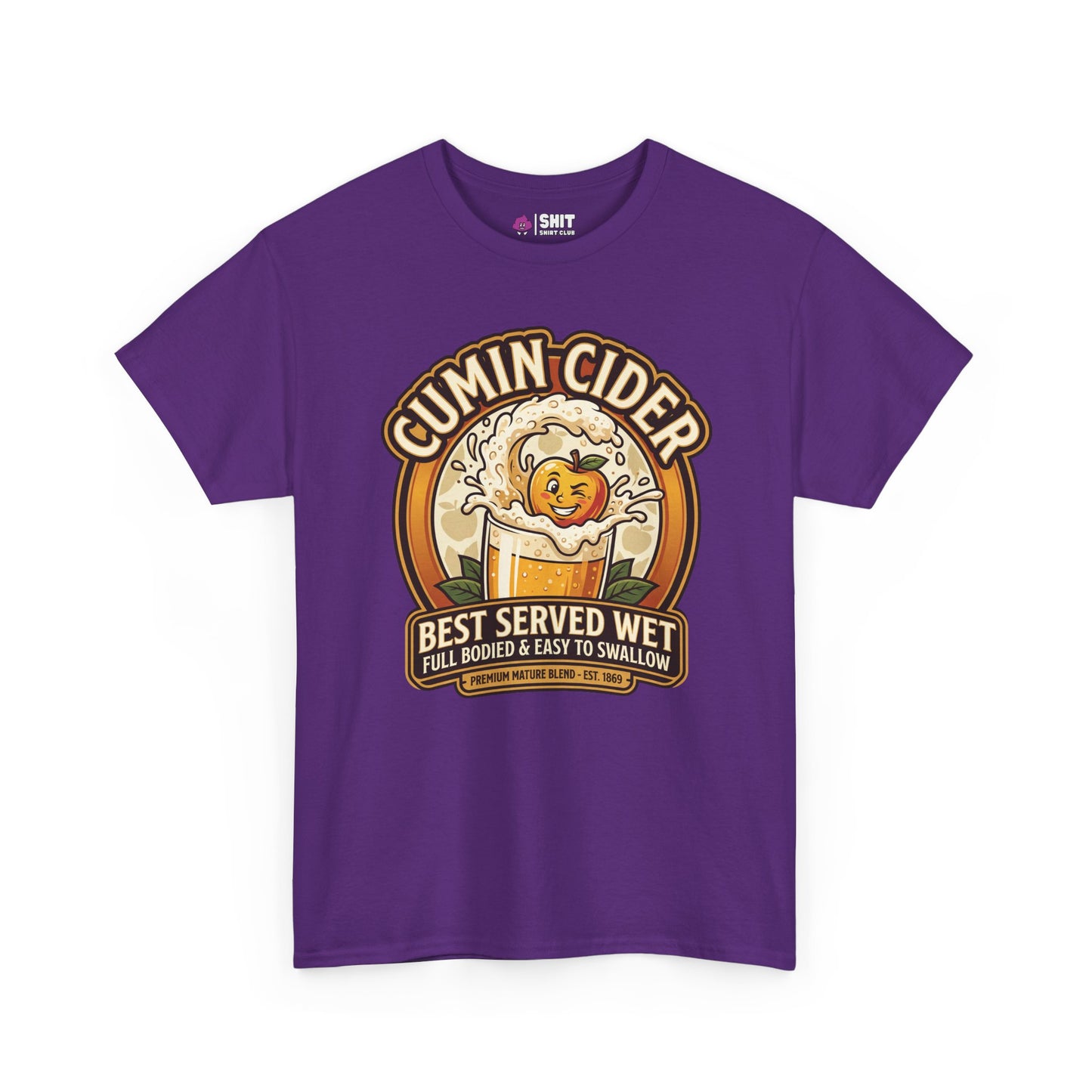 Cumin Cider Stag Do Tee featuring a playful cider logo, splashing apple character, and “Best Served Wet – Full Bodied & Easy to Swallow” slogan. A funny shirt perfect for your next lads’ night out!.