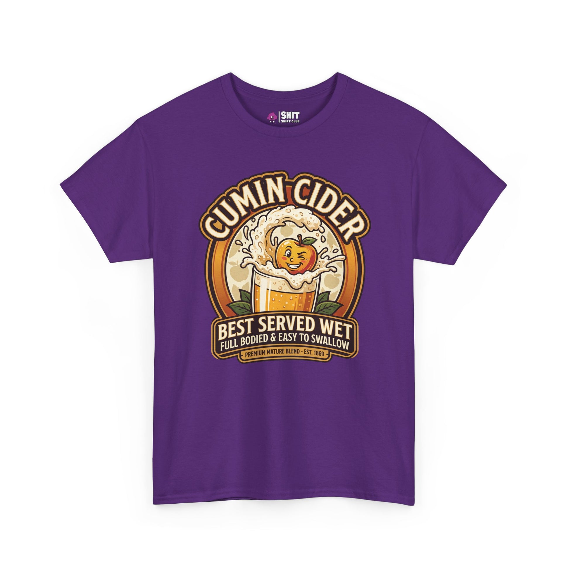 Cumin Cider Stag Do Tee featuring a playful cider logo, splashing apple character, and “Best Served Wet – Full Bodied & Easy to Swallow” slogan. A funny shirt perfect for your next lads’ night out!.