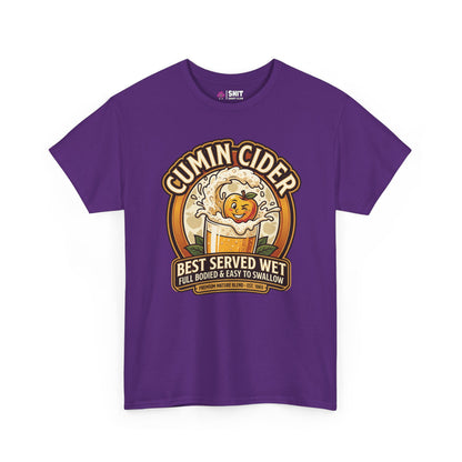 Cumin Cider Stag Do Tee featuring a playful cider logo, splashing apple character, and “Best Served Wet – Full Bodied & Easy to Swallow” slogan. A funny shirt perfect for your next lads’ night out!.