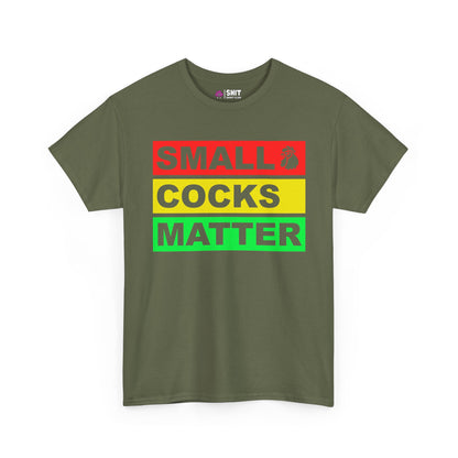 The Small Cocks Matter Stag Do Tee is an olive green shirt featuring bold red, yellow, and green text with a rooster icon—ideal for body confidence, stag do humour, or as a funny statement t-shirt.