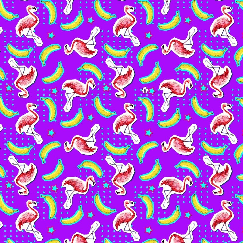 The Bananas For Flamingos Shirt features a seamless pattern of pink flamingos, yellow bananas, rainbows, stars, and blue polka dots on a bright purple background—an ideal novelty party shirt for any fun occasion.