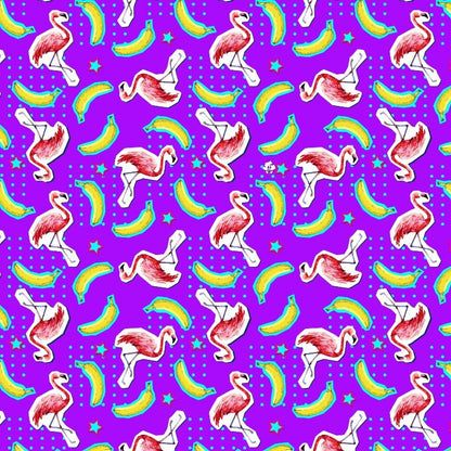 The Bananas For Flamingos Shirt features a seamless pattern of pink flamingos, yellow bananas, rainbows, stars, and blue polka dots on a bright purple background—an ideal novelty party shirt for any fun occasion.