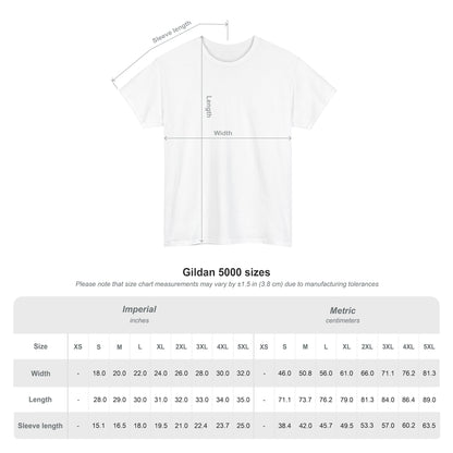 Diagram showing how to measure width, length, and sleeve of the "Small Tits Matter" Tee, with a size chart in inches and centimeters from XS to 5XL—including women's options—based on Gildan 5000 measurements.