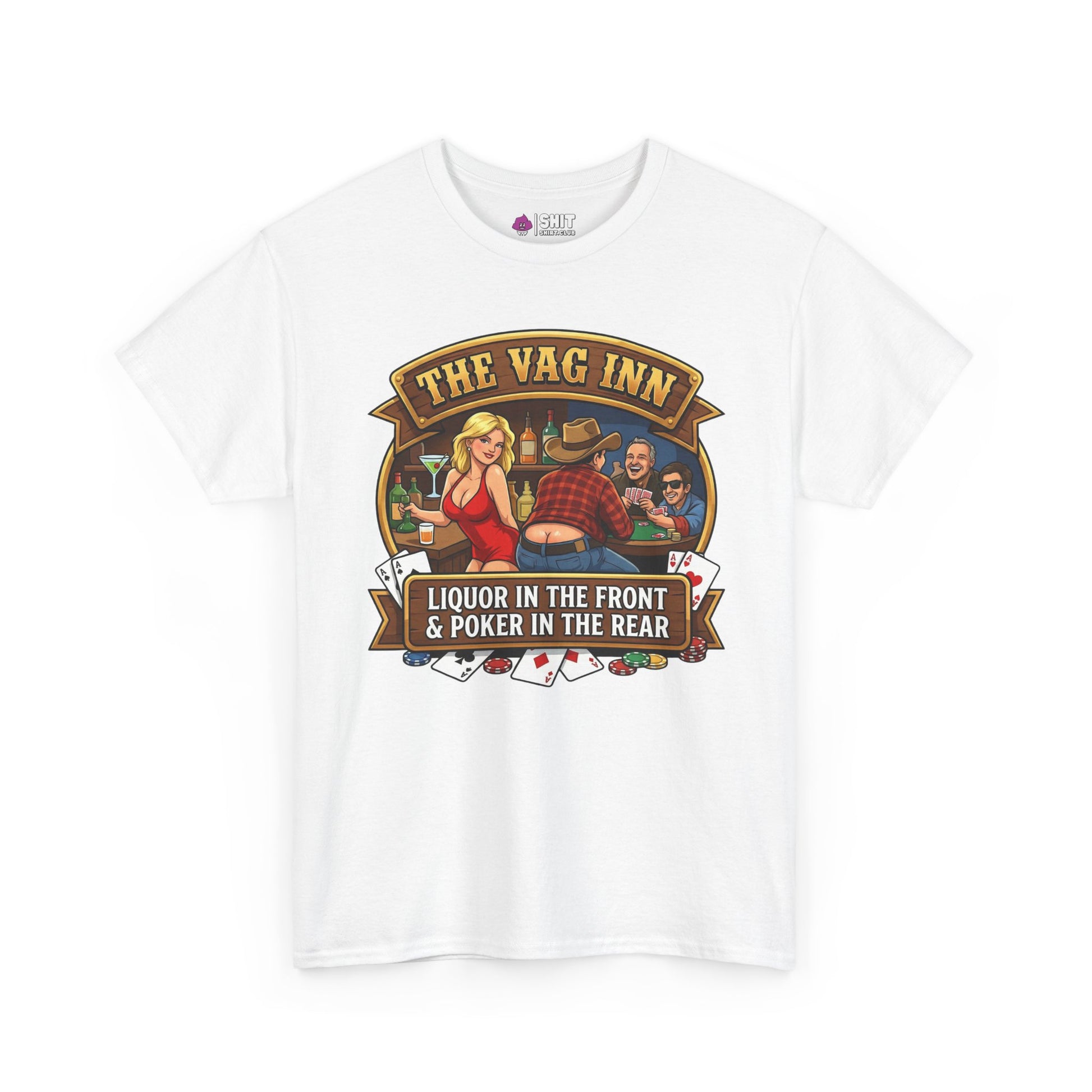 The Vag Inn Stag Do Tee: White T-shirt with a bar scene—woman in red, two men playing cards, and cheeky "THE VAG INN" plus “LIQUOR IN THE FRONT & POKER IN THE REAR” text—ideal for pub crawls or bachelor parties.